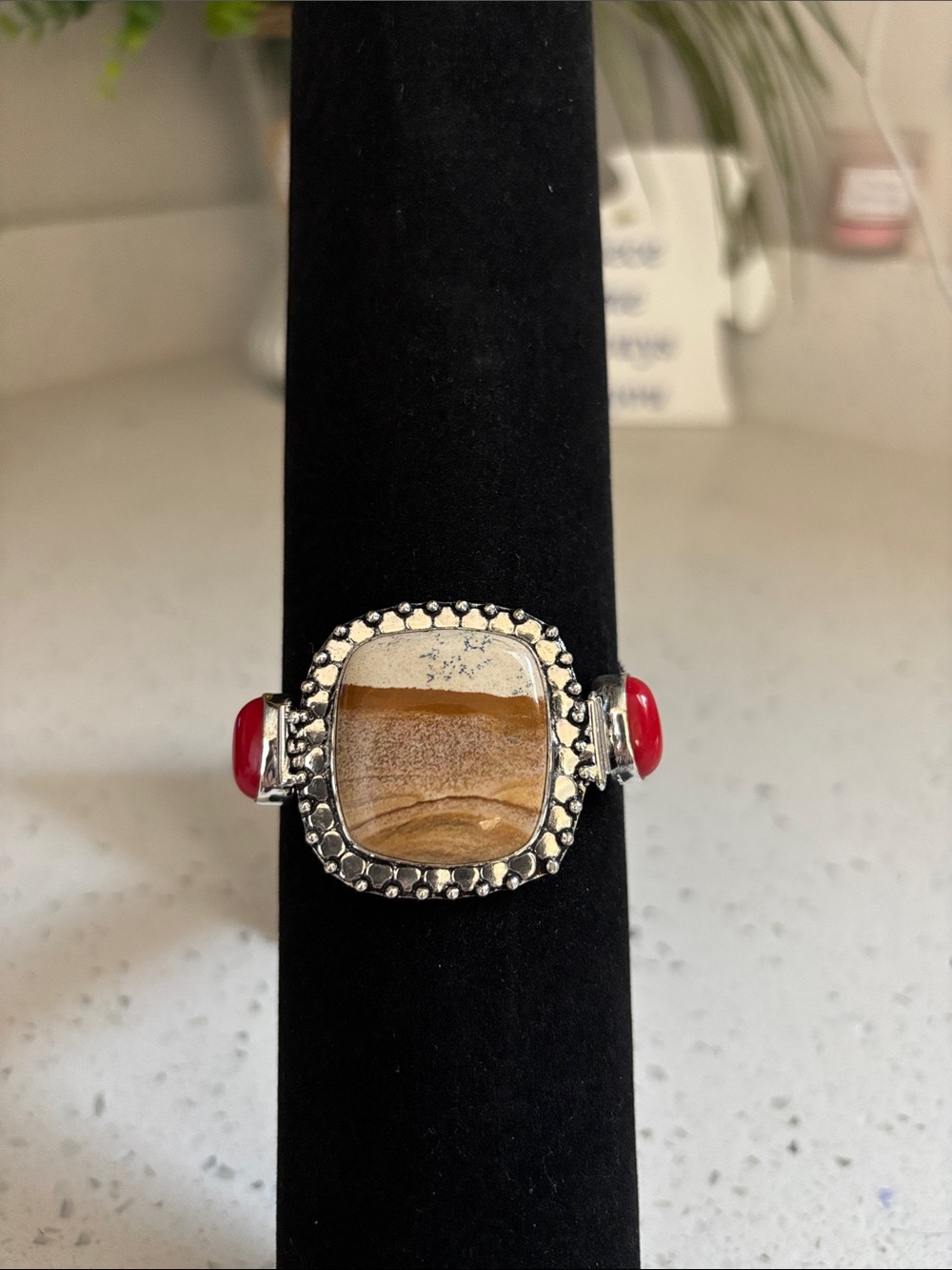 Sterling Silver Jasper Coral Gemstone Bracelet